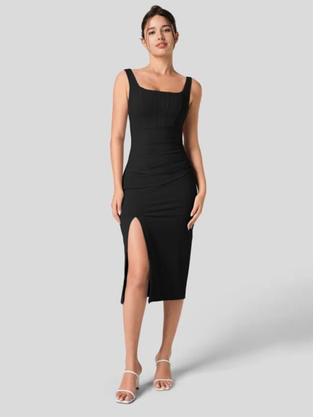 NWT Halara SoftlyZero Airy Black Midi Dress Built-in Bra Squared Minimalist Chic